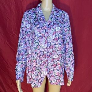 Vintage 70's Roaman’s Purple Daisy Button Front Long Sleeve Blouse 18W